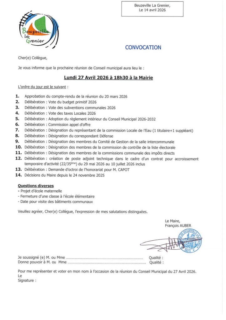 ORDRE DU JOUR DU CONSEIL MUNICIPAL DU 27 AVRIL 2026