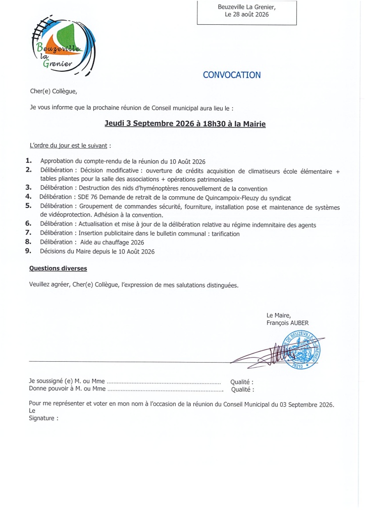 CONVOCATION CONSEIL MUNICIPAL JEUDI 03 SEPTEMBRE 2026