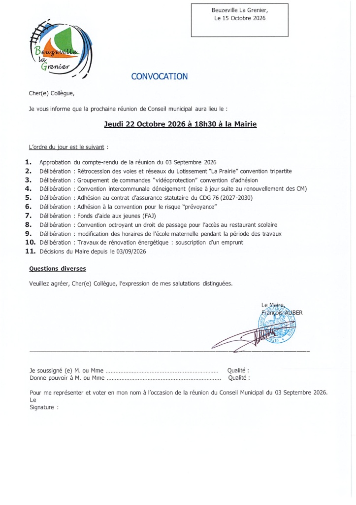 CONSEIL MUNICIPAL DU 22 OCTOBRE 2026